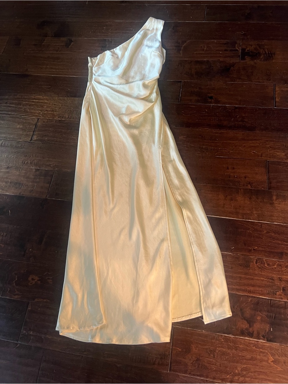 One-Shoulder Satin Evening Gown in butter yellow.